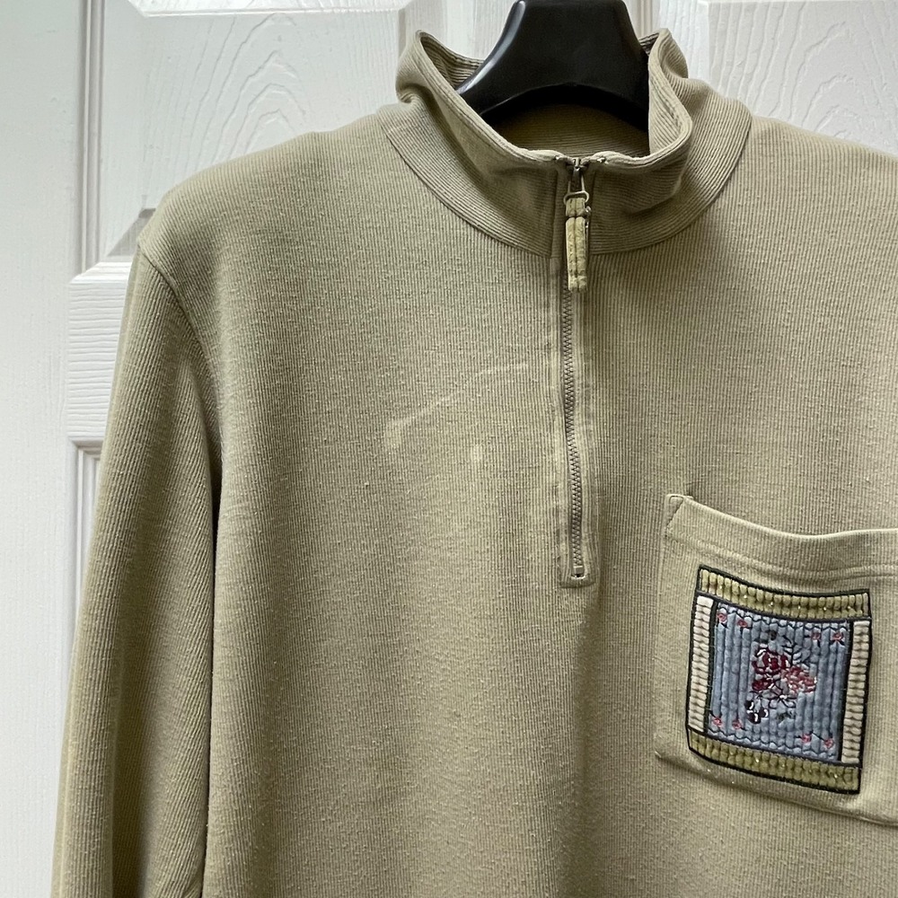 Vintage Women's‎ Monterey by Koret Size L Olive 3/4 Zip Mock Shirt Top Patch